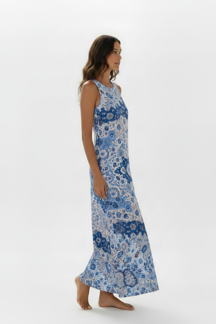 Vestido azul boho - perfil lateral