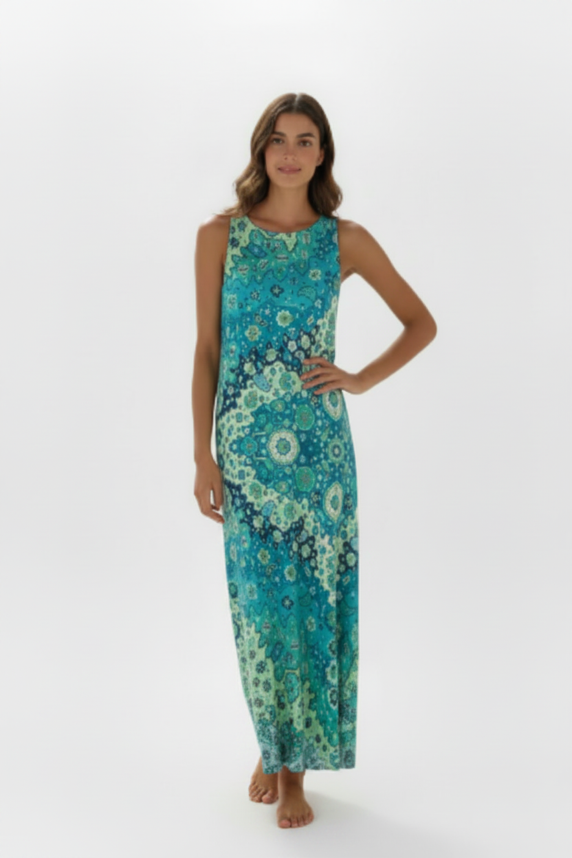 Vestido turquesa - descalza mano en cadera