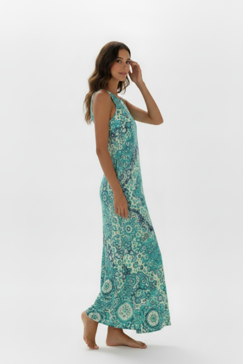 Vestido turquesa - descalza perfil